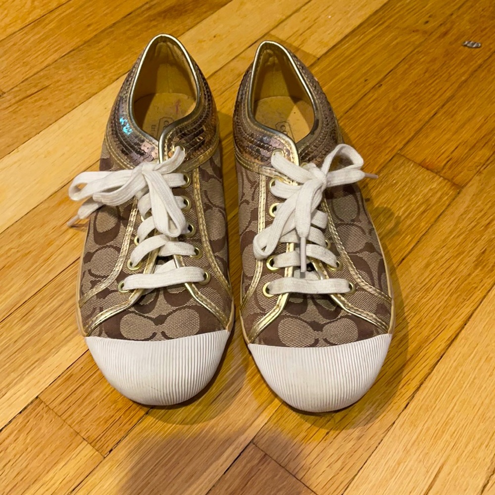Size 8.5 gold and white coach sneakers